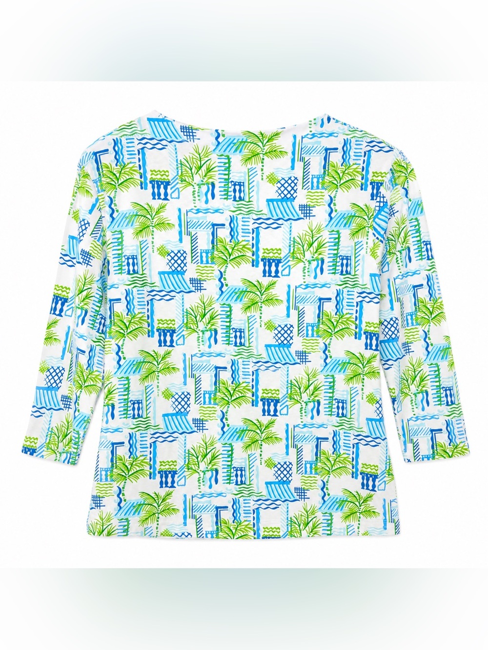 J. McLaughlin Women’s Nautical Palm Print Top Size M Blue Green White Catalina - Picture 2 of 3